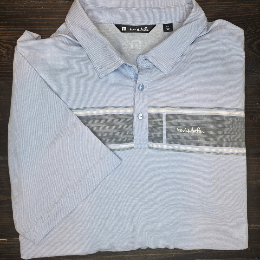 Travis Mathew Golf Polo Light Blue Gray Stripe XXL